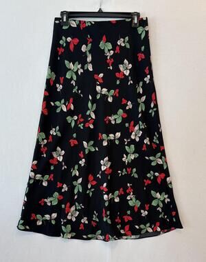 Halogen Skirt Womens Small Black Floral A-Line Midi Polyester Pull On Flowy